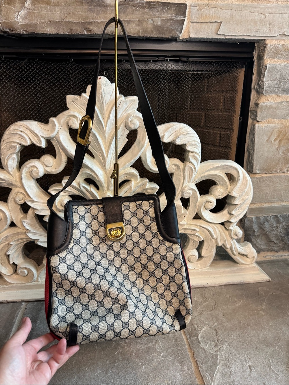 Gucci Monogram Sherry Line Canvas Shoulder Bag in Beige and Navy/black with COA